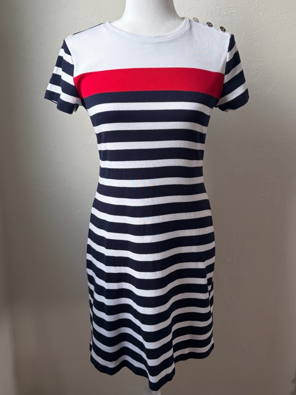 Chaps Nautical Striped Dress Button Shoulder Red White Blue Cotton Fitted Small